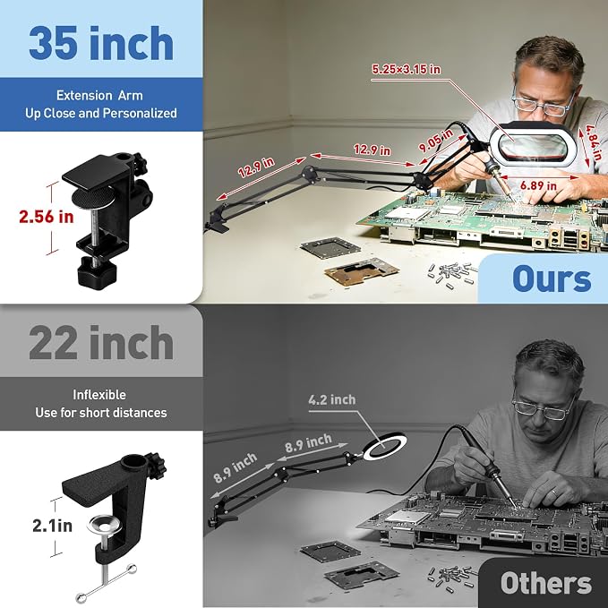 HITTI 12X Square Ultra Long Magnifying Glass with Light and Clamp
