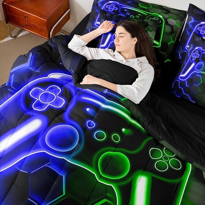 Erosebridal Gamer Bed in a Bag Queen Comforter Set 7 Piece, Neon Honeycomb Gaming Bedding Sets Video Game Console Comforter and Sheet Set, Blue Green Hexagon Lights Room Decor,Kids Room Decor