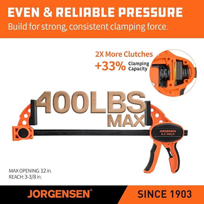Jorgensen E-Z Hold 300LBS Medium Duty Clamps, 12 Inch 2-Pack Expandable Clamp/Spreader, One Hand Bar Clamps, Trigger Clamp, Bar Clamps for Woodworking