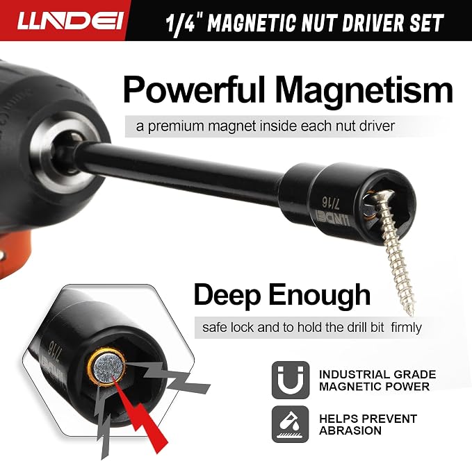 LLNDEI 1/4" Drive Socket Set & Nut Driver Set with Ratchet 38Pcs SAE 5/32" | 1/4" Sockets Deep&Shallow SAE 5/32" to 9/16" with Ratchet, Hex Shank 6" Long Nut Drivers(1/4"-9/16") for Drill Bits(PH1 PH2)