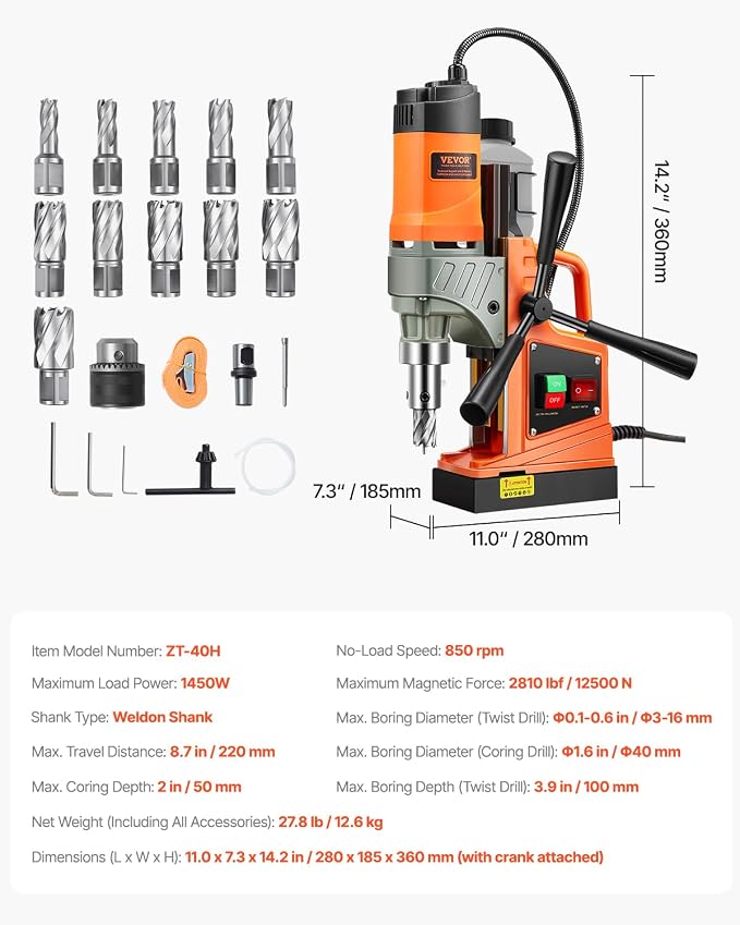 VEVOR Mag Drill Press, 1300W 1.57" Boring Diameter, 2922lbf Power Portable Magnetic Drill, 810 PRM, 11Pcs Drill Bits Electric Drilling Machine for Metal Surface, Industrial and Home Improvement