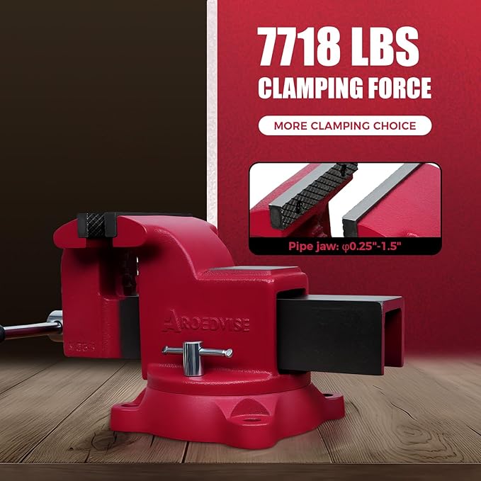 5" Heavy-Duty Bench Vise, 5" Jaw Width & Opening, 7,718 lbs Clamping Force, 60,000 PSI Ductile Iron Vise with 360° Swivel Base, Anvil & Pipe Jaws for Metalworking, Woodworking & DIY (RS50)