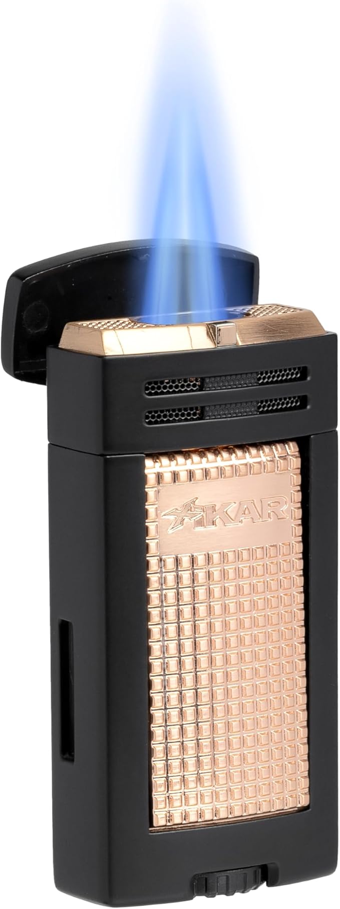 XIKAR® Ion Double-Jet Flame Cigar Lighter. with Textured Trigger Button and a Safety Mechanism. (Black/Rose Gold)
