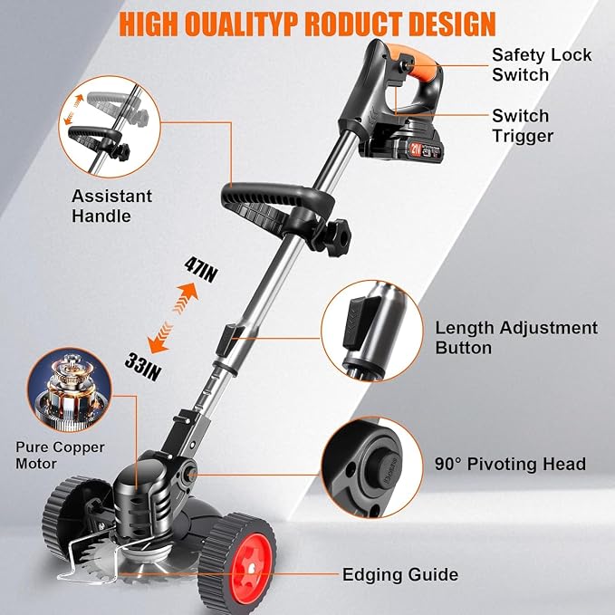 Electric Weed Wacker Cordless, 21V Lightweight Stringless Weed Wacker, Weed Trimmer, 3-in-1 Grass Trimmer/Brush Cutter/Edger, with Wheels,2pcs Batteries&4 Types Blades for Thick Weeds&Yard Garden