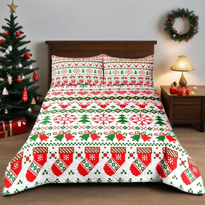 Merry Christmas Boho Red Quilt Set King- Socks Deer Snowflakes Christmas Bell Printed Holiday Bedding Set - Soft Microfiber Lightweight Comforter Coverlet Bedspread(Socks, King(90"x104"))