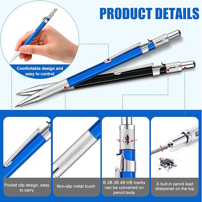 Gersoniel 2 Pcs Welders Pencil with 48 PCS Round Refills Mechanical Pencils Metal Welding Marker for Tube Pipe Fitter Welder Steel Construction Woodworking (Silver)