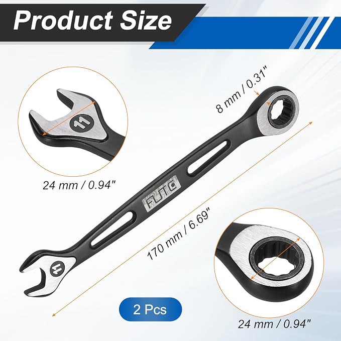 HARFINGTON 2Pcs Ratcheting Combination Wrench 11mm Stubby Wrench Metric High Carbon Steel Double 12-Point Box Open-Ended Ratchet Spanner Tool for Household Garage Workshop Auto Repairs, Black