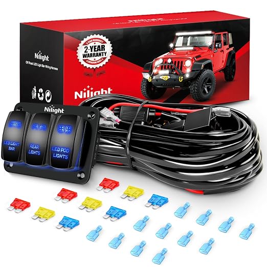 Nilight 16AWG LED Light Bar Wiring Harness Kit 12V On/Off 3 Gang Laser Etched LED Pod Lights Rocker Switch Panel Power Relay Fuse 5Pin Toggle Switch for Cars Boat ATV Trucks-4 Leads, 2 Years Warranty | 12V On/Off 3 Gang Laser Etched Pod Lights Rocker S...