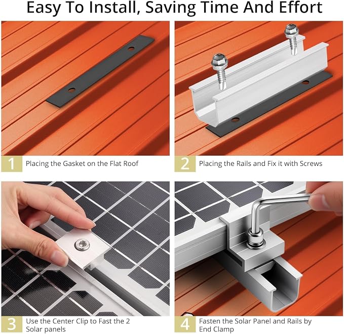 Anbte Solar Panel Mounting Brackets for Roof, Aluminum Solar Rails, Silver | Solar Panel Mounting Kit For 4 Panels, Included 10 X 4.72 In Rails+4 End Clamps+6 Center Clamps+1 Wrench, For Roof, RV, Boat
