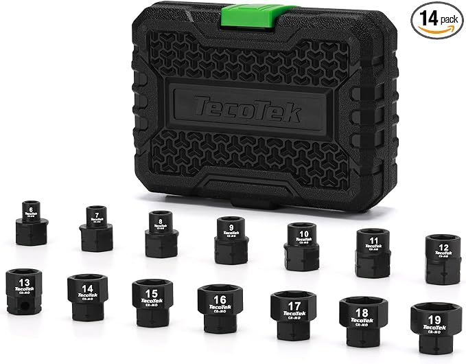 TecoTek 14-Piece 3/8-Inch Drive Metric Low Profile Impact Socket Set, Stubby Socket Set, 6mm-19mm, No Skips Sizes, 6 Point, Cr-Mo, Shorter Socket for Tight Areas