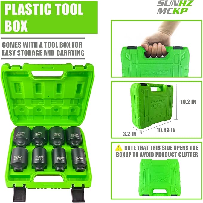 SUNHZMCKP 1/2" Drive Deep 6-Point Impact Socket Set, 8-Piece Standard SAE Spindle Axle Nut Impact Socket Set, Cr-Mo, 1-1/4-Inch to 1-3/4-Inch Size