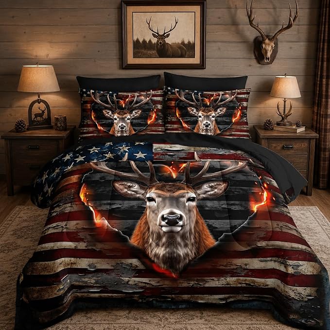 Deer Bedding Sets for Kids Boys Girls Room Decor,Hunting Themed American Flag Queen Comforter Set with Sheets,7Pcs Western Camo Fluffy Comforter Set with Fitted Sheet,Flat Sheet,Pillowcases.