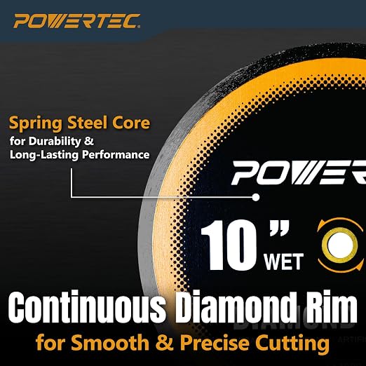 POWERTEC 10" Continuous Rim Diamond Saw Blade for Wet Tile Saw, Diamond Blade for Cutting Ceramic, Porcelain, Natural Stone Tile, Wet Cutting Only 10 inch Diamond Blades, 1 Pack (14009)