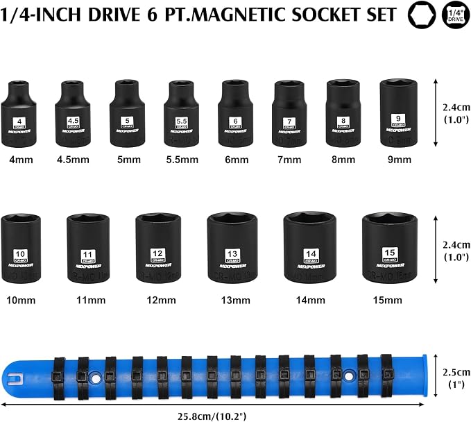 MIXPOWER 1/4" Drive Shallow Magnetic Impact Socket Set with Storage Rails, 14-Piece, 6 Point, 4-15mm, Metric, CR-MO