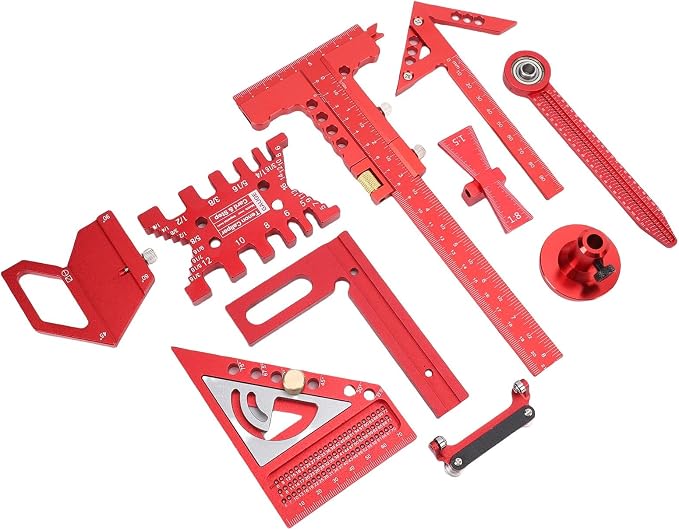Woodworking Ruler Set, 9Pcs Aluminum Alloy Geometry Set Precision Measuring Tools for Accurate Layout Includes T Square Ruler, Compasses, Protractor, and Dovetail with