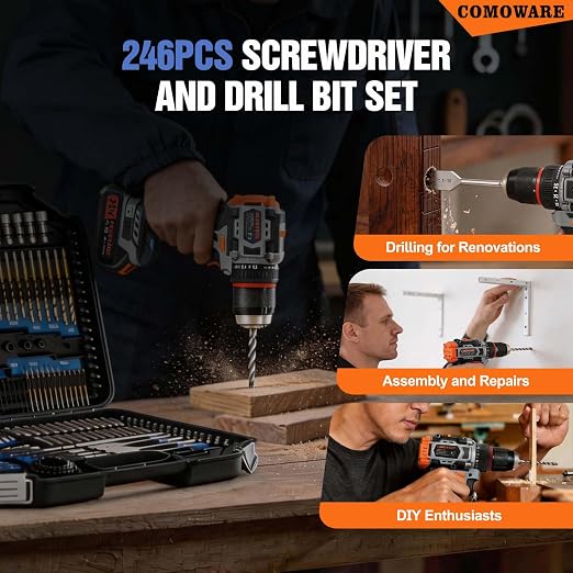 COMOWARE Drill Bit Set, 246 Pcs for Cordless Drill, Drill Driver Bit Set for Wood, Metal, Masonry, Cement and Screwdriver Bits Set Combo Kit