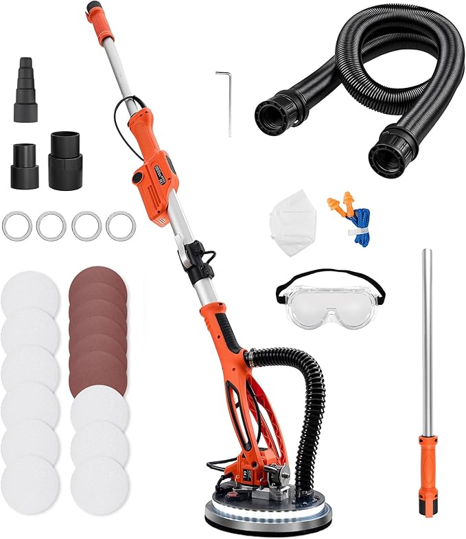 VEVOR Drywall Sander, 950W Electric Drywall Sander, Popcorn Ceiling Removal Tool with 7 Variable Speed 1000-2300 RPM, Double-Deck LED Light, Foldable & Extendable Handle, 15 Sanding Discs, Dust Hose