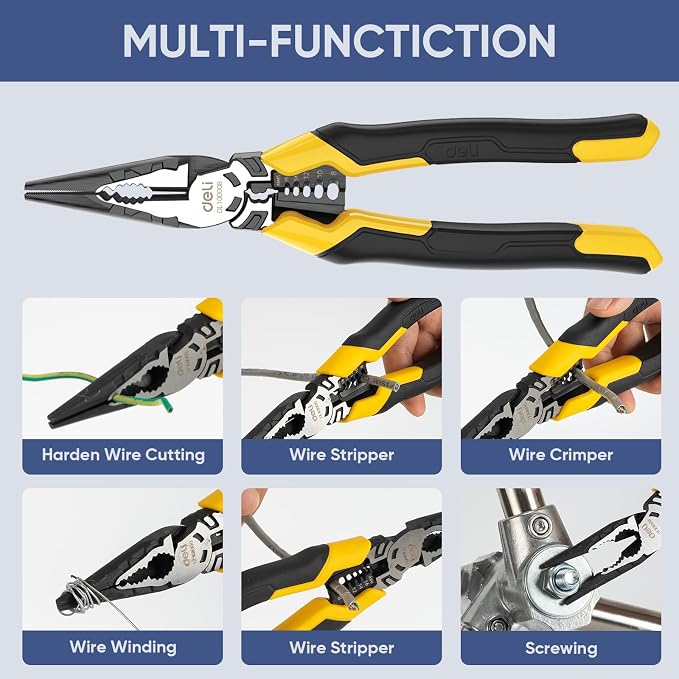 DELI 3PCS Pliers Set, Large 7 in 1 Multifunctional Wire Stripper Crimper Cutter, 9" Long Nose, 9" Linesman, 8" Diagonal Side Cutting