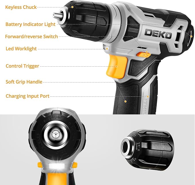 DEKOPRO 8V Cordless Drill, Drill Set with 3/8"Keyless Chuck, 42pcs Acessories, Built-in LED, Type-C Charge Cable, Gray Power Drill for Drilling and Tightening/Loosening Screws