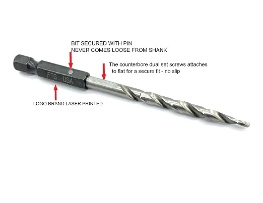 FTG USA 12 Pc #10 (3/16") Countersink Drill Bit Set with Depth Stop Collar, Hex Wrench - Tapered Drill Bits for Wood