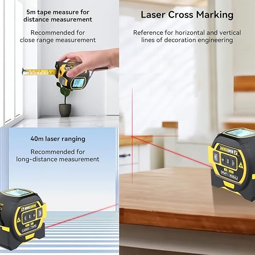 The Ruler 3-in-1 Measuring Tape, Tools Tape Measure, 3-in-1 Rangefinder with Led Display, 3 in 1 Digital Tape Measure with Cross Line, AutoLock, Measure Area, Volume, Pythagorean, Best Gift for Man
