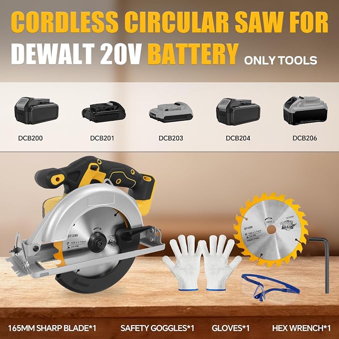 Cordless Circular Saw for Dewalt 20V Battery, Brushless Saws 6-1/2" Blade, 0-45° Cutting Bevel, Cutting Depth 2.24''(90°), 1.61''(45°), Power Wood Saw for Plastic, Wood(Only tools)