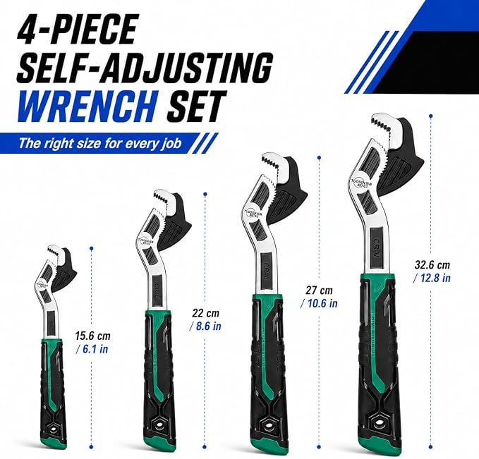 4-Piece Self-Adjusting Pipe Wrench Set with Case, 6, 8, 10 and 12 Inch CR-V Steel Self-Locking Plumbing Wrenches, 0.28-1.38 Inch (7-35 mm) Jaw Capacity for Pipes, Fittings and Nuts