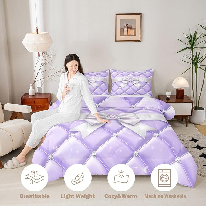 Feelyou Cute Purple Bow Kids Comforter Set Queen Size Glitter Bowknot Bedding Set Princess Duvet Quilt for Kids Boys Girls Bedroom Decor Microfiber Ultra Soft Breathable