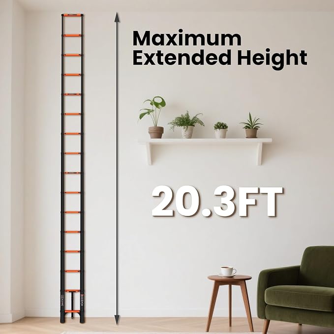 SINMEIRUN Telescoping Ladder, 20.3 FT, Aluminum Extension Ladder, 330 lbs Capacity, Collapsible Multi-Purpose Ladder for Home, Roof and RV; Orange