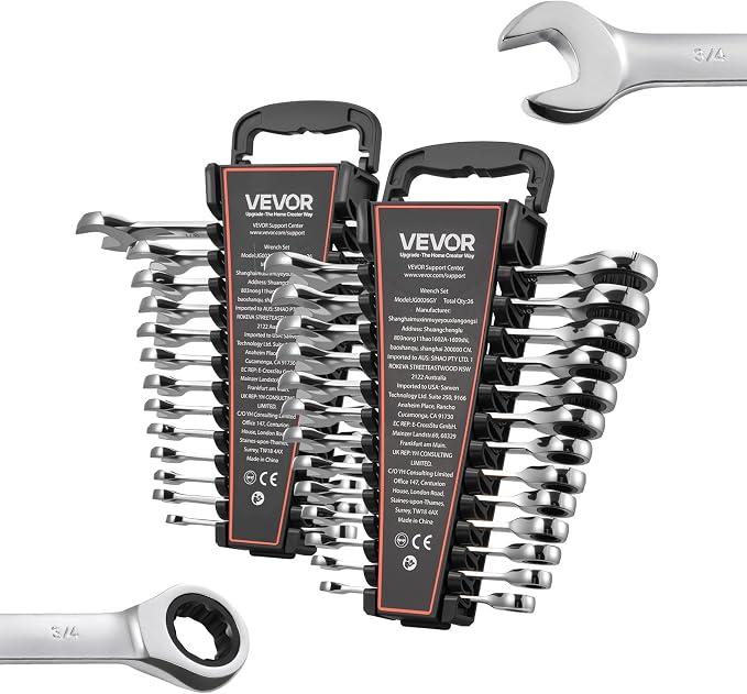 VEVOR Combination Wrench Set, 26-Piece SAE and Metric, 72 Teeth, Cr-V Steel Ratcheting Wrench Set, with Rack Organizer, Open End, Clear Size Labels, for General Household, Automotive Repairs, Silver