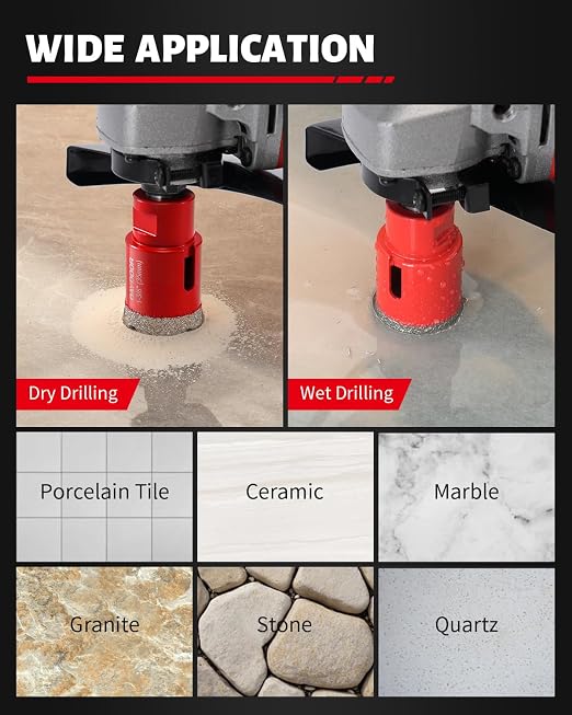 DAYDOOR Diamond Hole Saw Kit, 8-Piece Tile Hole Saw Kit 1/4" 5/16" 3/8" 1/2" 4/5" 1-3/8", Vacuum Brazed Core Drill Bits for Porcelain Tile, Granite, Marble, Stone(Red)