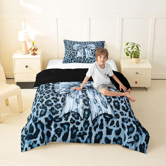 Feelyou Leopard Print Comforter Set All Season Cute Blue Bow Bedding Set with 1 Pillow Cases Cheetah Animal Fur Microfiber Kids Toddler Bedclothes Bedroom Decor Duvet Quilt Breathable Soft Lightweight