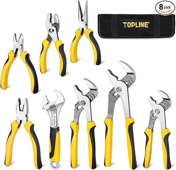 TOPLINE 8-Piece Pliers and Wrench Set with Rolling Pouch | 12”, 10”, 8” Groove Joint, 8” Adjustable Wrench, 7” Linesman, 6” Slip Joint, Long Nose, Diagonal Pliers for Home Repair