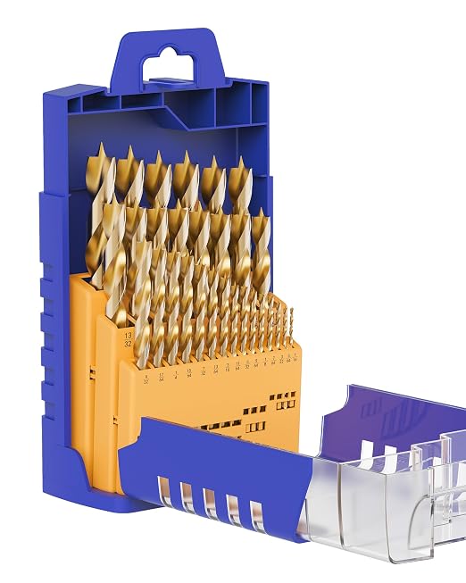 Brad Point Wood Drill Bit Set, Tin-Coated 29Pcs HSS Drill Bit Set with Double Flutes Design for Carpenter Woodworking and All Types of Wood with Plastic Box (1/16" - 1/2")