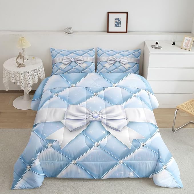 Feelyou Cute Blue Bow Bedding Set Soft for Boys Girls, Geometry Bowknot Comforter Set King Size Glitter Duvet Quilt Microfiber Bedroom Decor 3 Pcs with 2 Pillow Cases