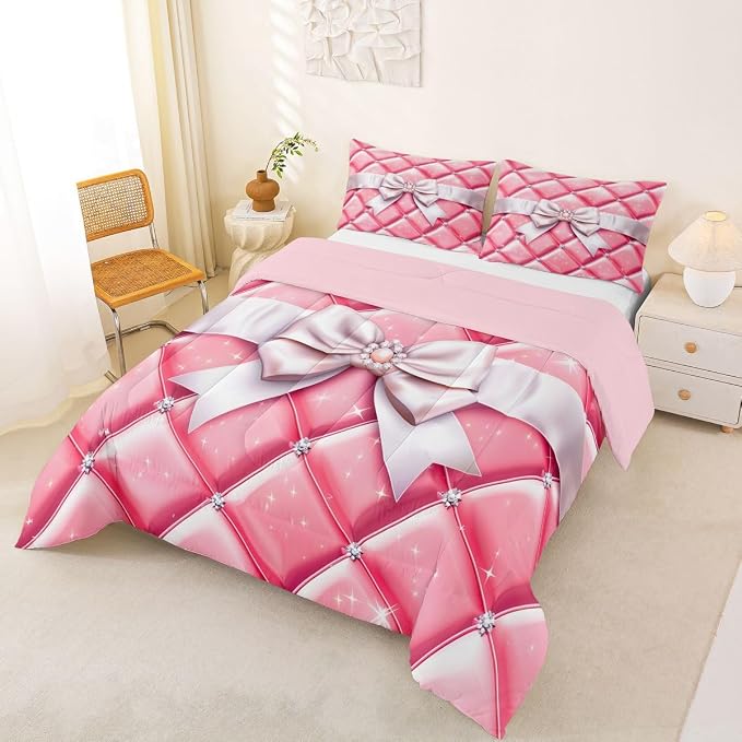 Feelyou Bow Comforter Set All Season Geometry Bowknot Bedding Set with 2 Pillow Cases Glitter Microfiber Kids Queen Bedclothes Bedroom Decor Duvet Quilt Breathable Soft Lightweight