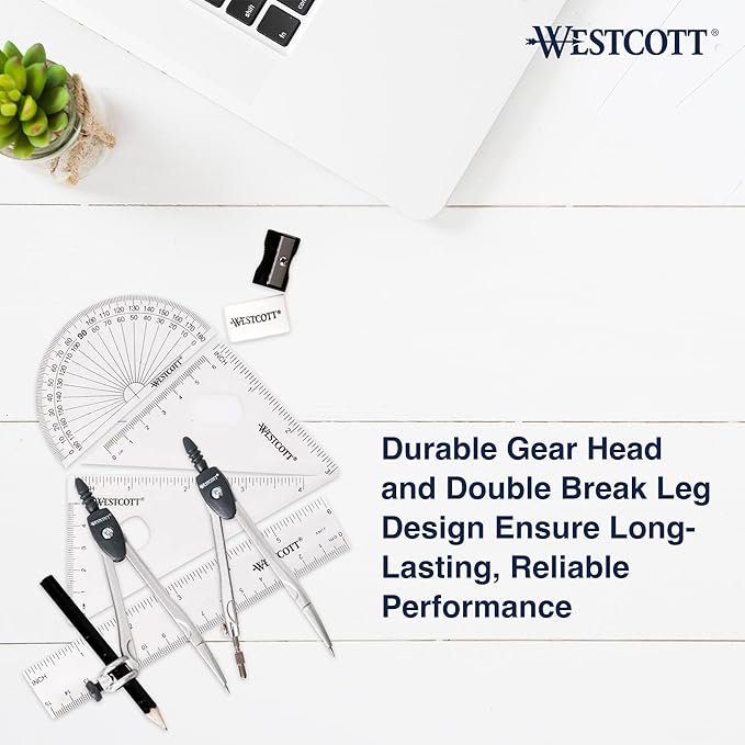 Westcott 10-Piece Math Set for Students, Includes 2 Compasses, Protractor & Ruler, Back to School, Classroom, School Supplies, Geometry Practice, Durable Storage Case