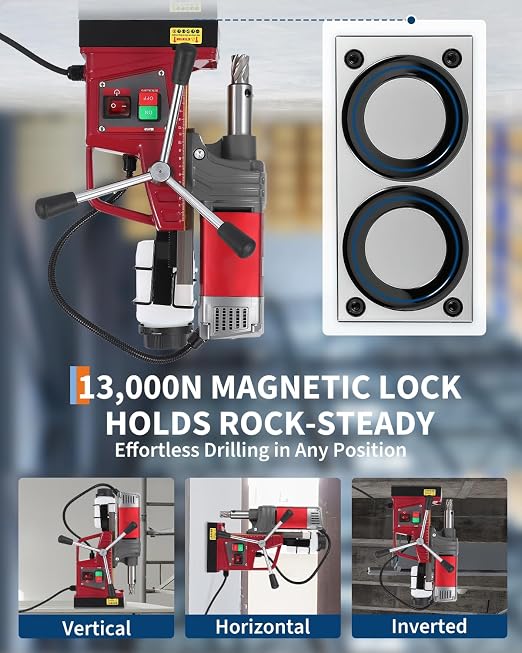 Portable Magnetic Drill Press with Adapter, 1.57" Boring Diameter, 1450W, 820RPM, 13000N, Double Dovetail Guide Electric Mag Drill Kits for Drilling in Metal, Steel, Iron