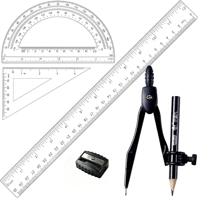 5 Pcs Plastic 12 Inch Ruler Set,Compasses,6 Inch Protractor,Set Square Student Geometry Math Set Durable Transparent Drawing Measuring Rulers for School Office (4)