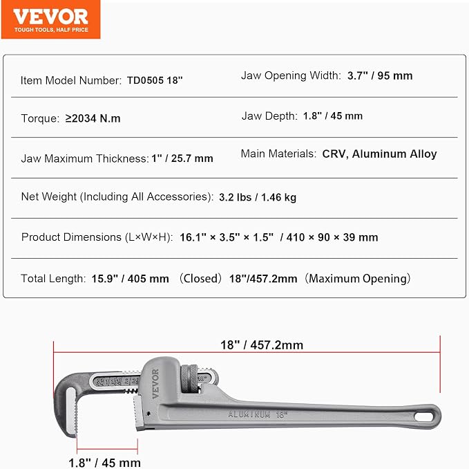 VEVOR Pipe Wrench, 18" Aluminum Straight Pipe Wrench, Adjustable Plumbing Wrench, with High Strength Jaw and Ergonomic Handle, Easy to Carry, Hangable Design, for Water Pipes, Automotive Repairs