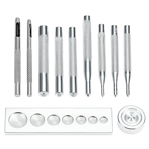 QWORK Punch Tool Punch Snap Kit, Set of 11 Pcs Stainless Steel Rivet Setting Tool, Round Hole Punch Die Tool