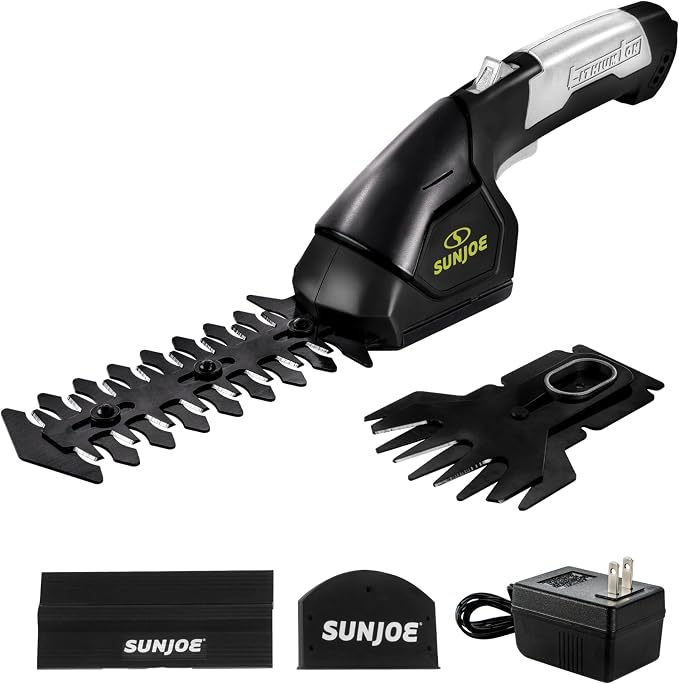 Sun Joe 2 in 1 Cordless 7.2V Handheld 4" Grass Shear and 6" Hedge Trimmer, Battery Powered, Built-in Safety Switch and Blade Safety Cover