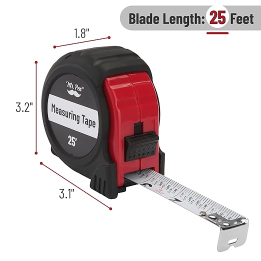 Mr. Pen- Retractable Tape Measure 25 ft, Red, Easy Read, Steel Retractable Measuring Tape with Fractions, Ideal for Construction & DIY Projects
