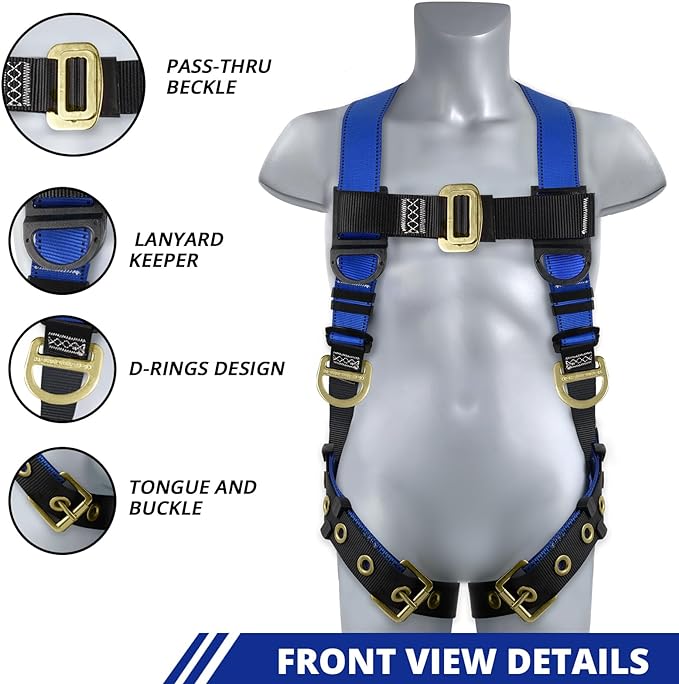 TRSMIMA Safety Harness Fall Protection - Men Construction Full Body Harness Kit for Work with Shock Absorbing Lanyard Tongue Buckle ANSI