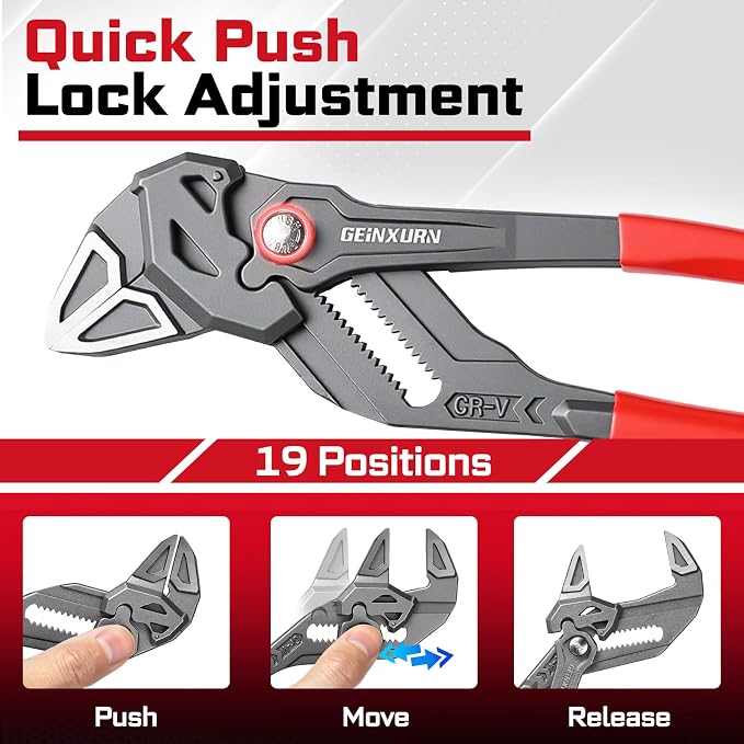 GEINXURN 10-Inch Pliers Wrench, 2PCS Smooth V-Jaw Pliers with 19-Position Push-Lock, Fast Adjustable Slip Joint Pliers Set for Plumbing, Home Repair, and Pipe Fittings