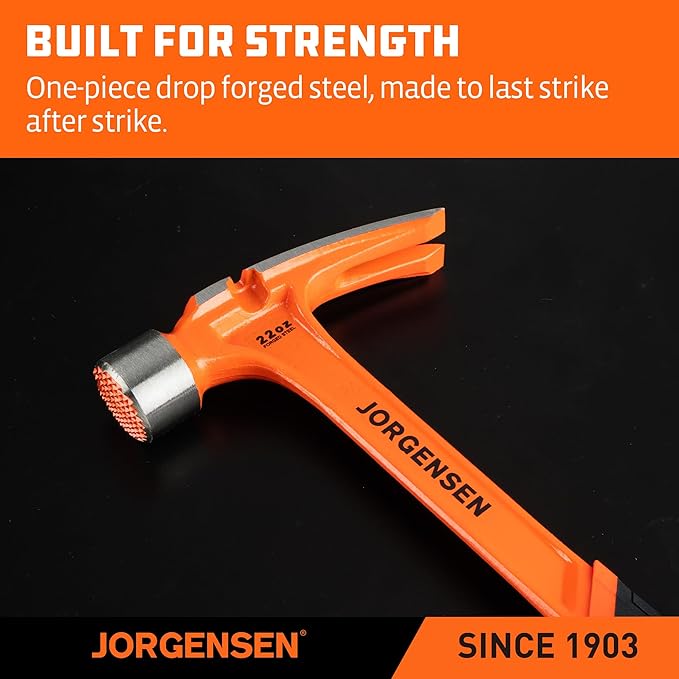 Jorgensen 22 oz Framing Hammer, Straight Claw Hammer with Magnetic Nail Holder, Rip Claw Hammer with Milled Face, Side Nail Puller, Shock Absorbing Grip, Heavy Duty One-piece Forged Hammer