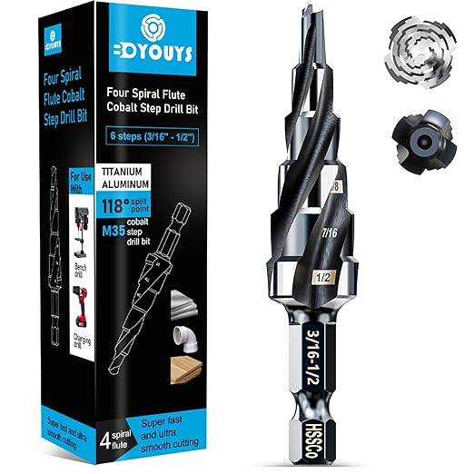 Four Spiral Flute M35 Step Drill Bit Set 3/16"-1/2"(6 Sizes), 1/4" Shank for Metal Step Drill bit, Impact Resistant Cobalt Step Drill Bit, for Stainless Steel, Wood, Aluminum, Plastic