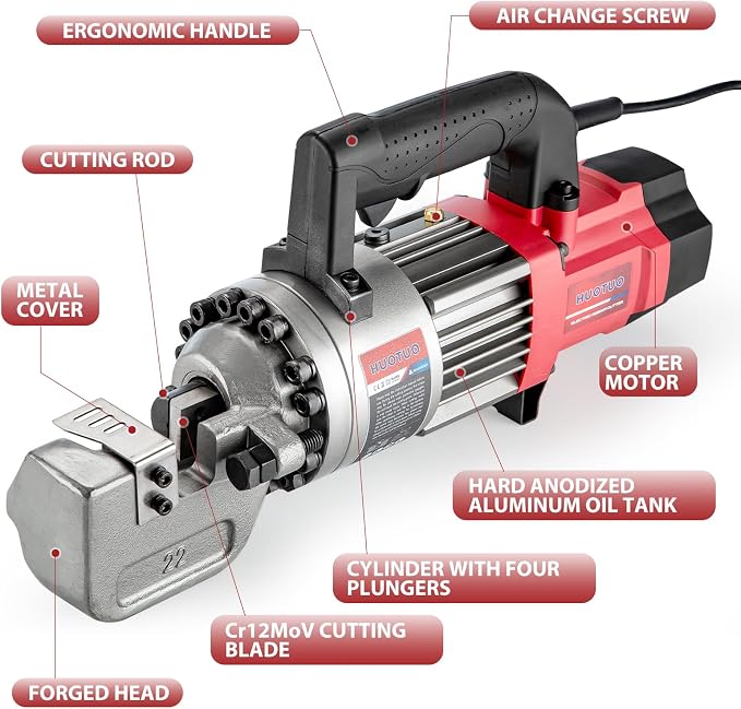 7/8" Electric Hydraulic Rebar Cutter 2-2.5s Cutting Speed Portable Rebar Cutter Cutting Rebar 4-22mm #7 1150w 120v/60hz (RC22-Red)