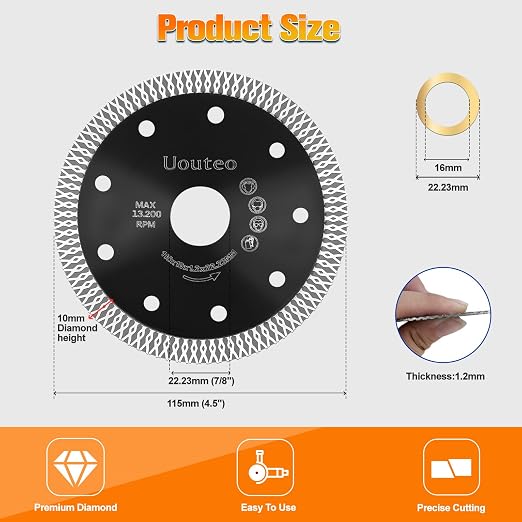 15 Pcs Diamond Saw Blade, 4.5 Inch Super Thin Tile Blade, Diamond Saw Blades for Angle Grinder, 4.5" Tile Blade for Smooth Cutting Marble Ceramics Porcelain Tiles(4.5 inch-15Pcs-Black)