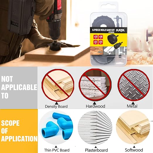 KATA 8PCS Hole Saw Kit 1" to 2-1/8"(25-54mm) Hole Saw Set in Case with Mandrels and Hex Key for Soft Wood, PVC Board, Plywood